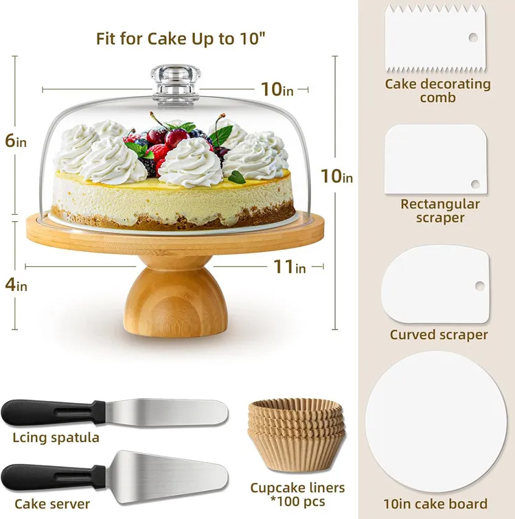 New Design Dessert Table Cupcake Plate Display Server Tray Rotating Bamboo Cake Stand With Acrylic Lid  for Events