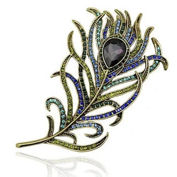 Large Luxury Multicolor Crystal Rhinestone Peacock Feather Brooch Pin For Women