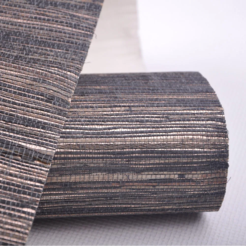 Natural Brown Raw Help Plant Metal Bottom Grasscloth Wallpaper Restaurant Wall Design Material Chinese Traditional Art
