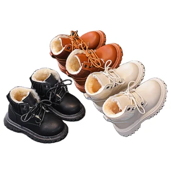 Plus Velvet Warm Kids Girls Boots Fashion Leather Boots Soft Bottom Non-slip Children Running Autumn Winter Shoe for Girls Boys