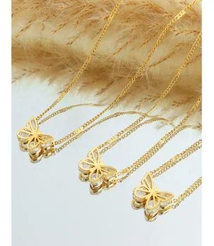 Fashion Women Jewelry Gold Plated Stainless Steel Bling Cubic Zircon Butterfly Necklace