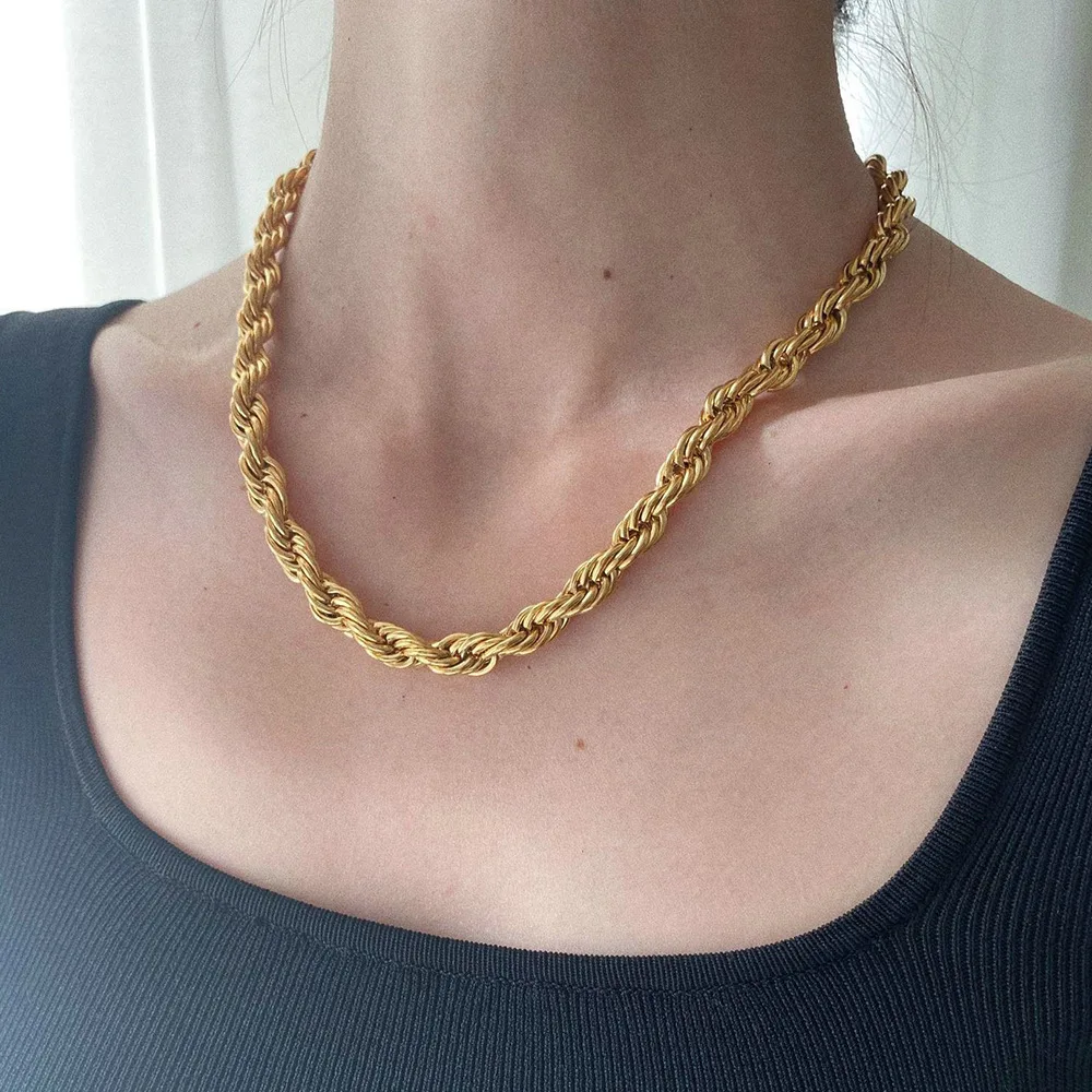 Wholesale Fashion 18K Gold Plated 2/3/4/5/8mm Stainless Steel Chunky Rope  Twisted Chain Necklaces Jewelry for Women
