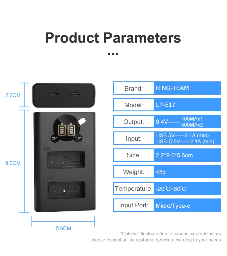 RingTeam LP-E17 LP E17 Small LCD Display Battery Dual Charger With Micro TYPE-C For Canon 750D 800D 77D Camera details