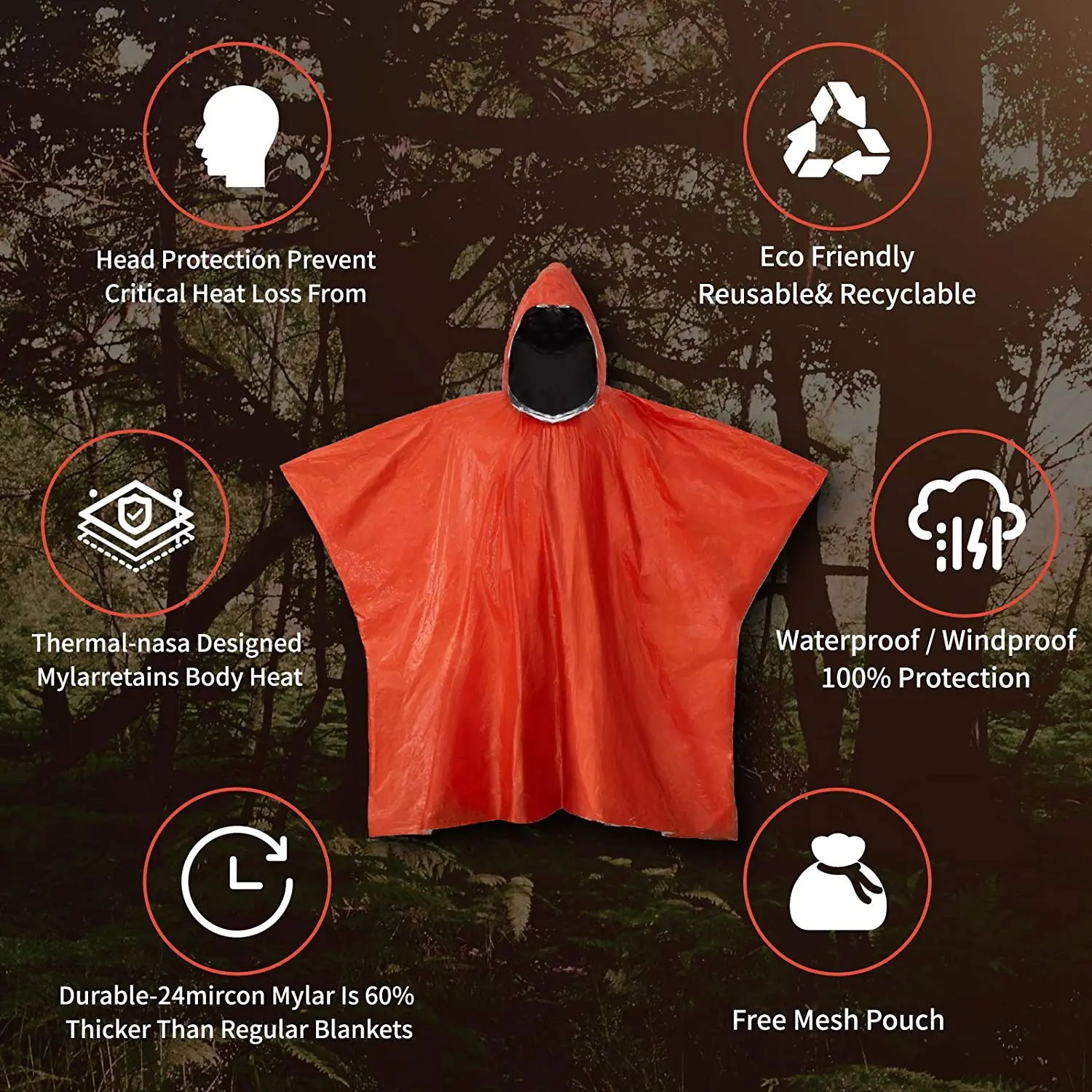 Emergency Rain Poncho With Mylar Blanket Liner Survival Orange 4pack