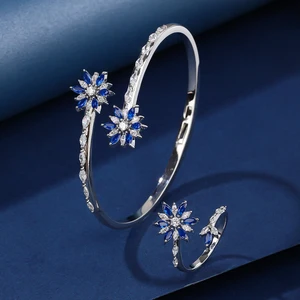 Luxury Rhodium Plated Zircon Jewelry Set Tarnish Resistant Brass Bracelet & Ring for Women Wedding/Party Classic Gift