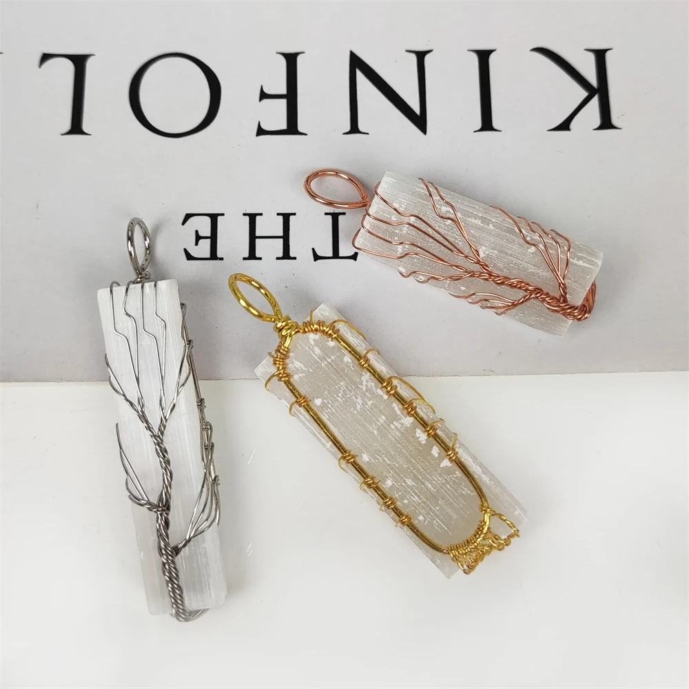 Classic Handmade Wire Wrapped Tree of Life Charm Natural Selenite Stick Pendant Necklace Gold Silver Plating Gypsum Jewelry
