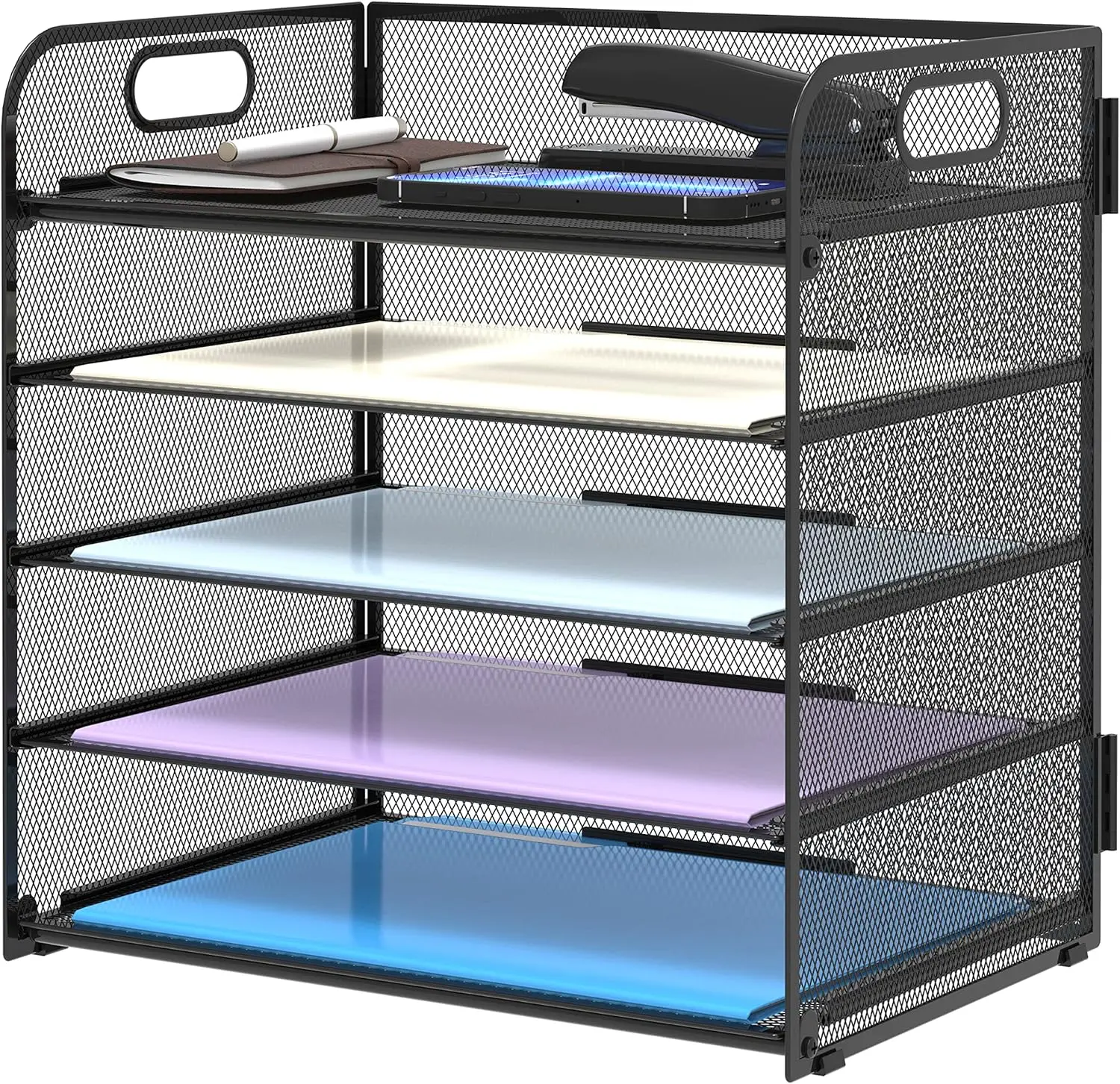 Manufacture Modern Multifunction Metal Mesh Desk File Letter Organizer Rack Handle 5-Tray Paper Sorter Office Home School