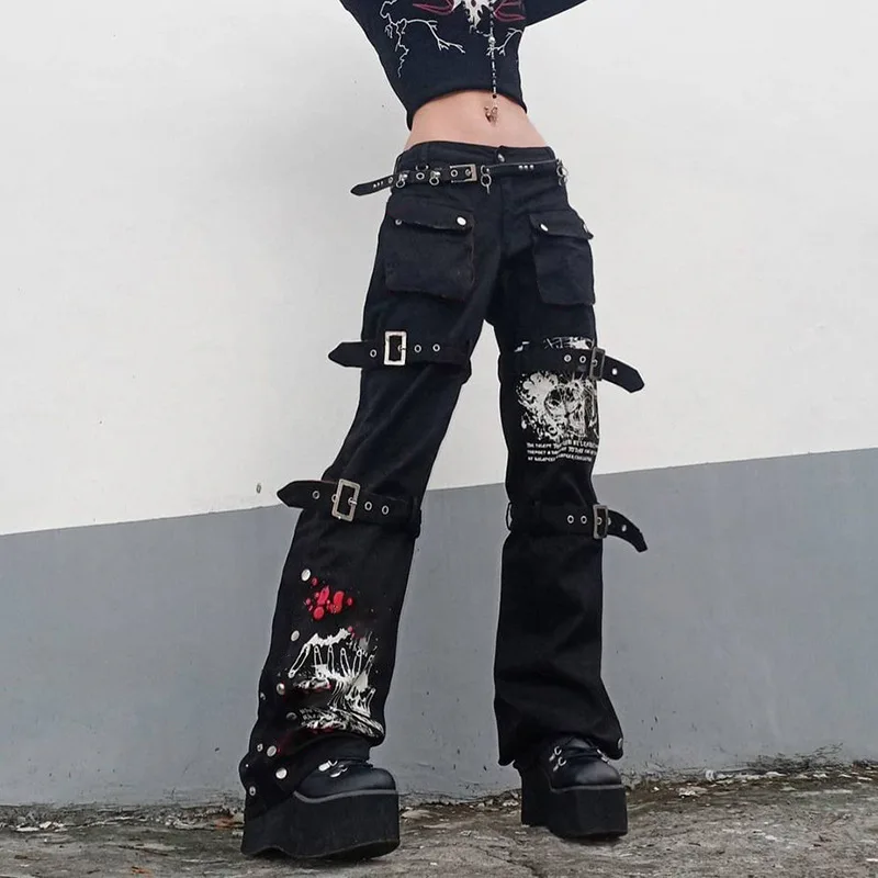 Streetwear 90s Vintage Patchwork Denim Jeans Fashion High