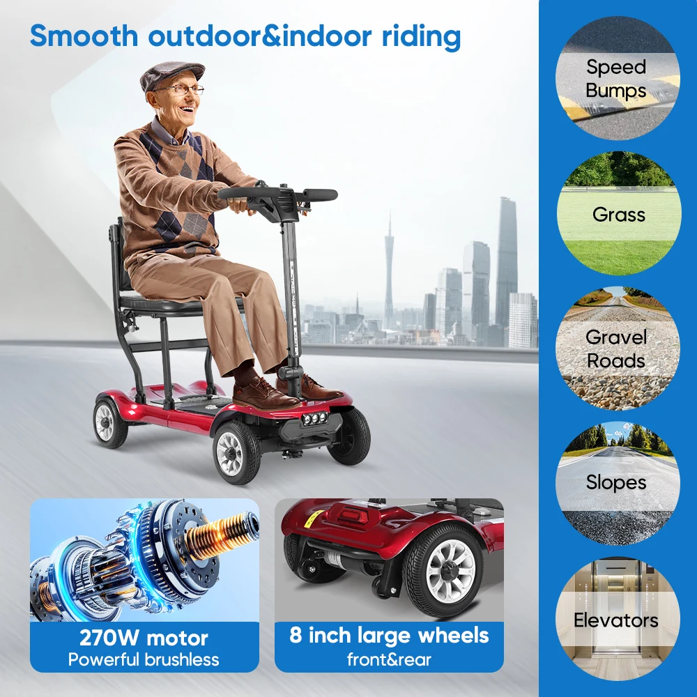 Compact Foldable Lightweight 4 Wheel Mobility Scooter Brushless Ultra Light Weight Travel Portable Electric Scooter for Disabled