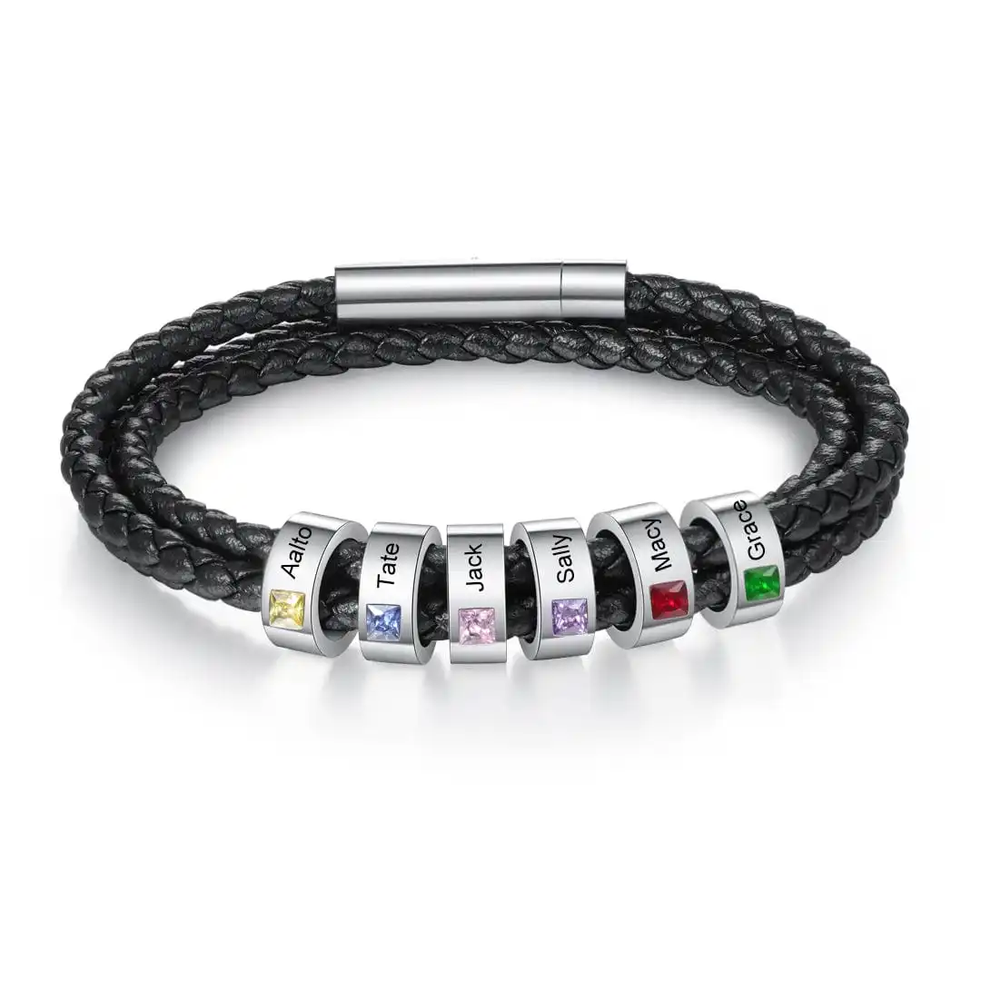 Personalized Leather Custom Bead Bracelet Birth Stone Beaded Bracelets