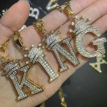 Stainless Steel Zircon Alphabet Pendant Necklaces Hiphop Women Men Crown Hip Hop Gold Chain Necklace Initial Letter Necklace