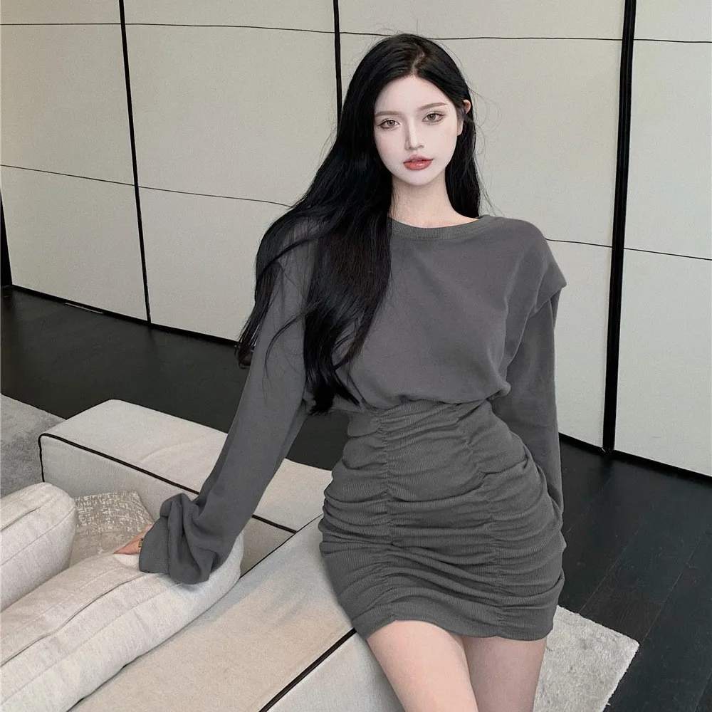 Korean Version Versatile   Dress With Waist Cinching Slimming Effect Short Skirt  Women  Wrapped Buttocks Long sleeves
