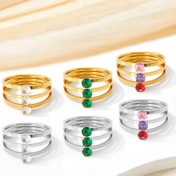 Summer Season Water Proof Gold Plated 316L Stainless Steel Rainbow CZ Setting Finger Ring for Women Ladies