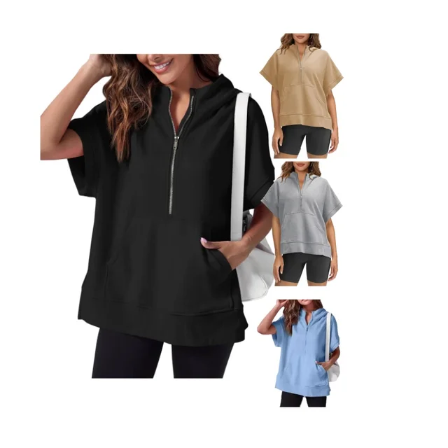 custom high quality New streetwear oversized tshirt Women's Summer Zipper Hooded Pocket Short Sleeve T-Shirt tops for women