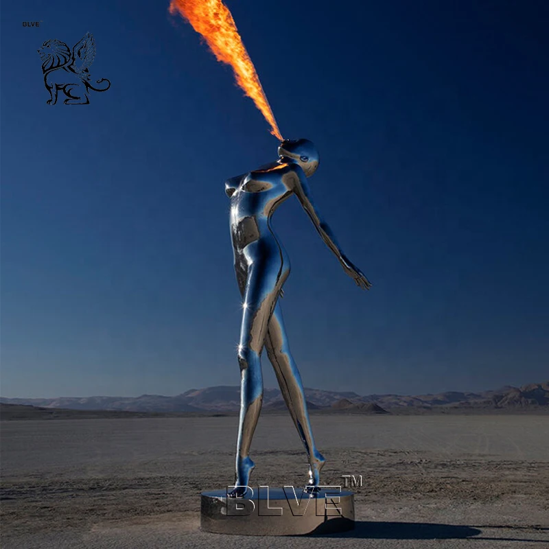 BLVE Large Art Abstract Outdoor Garden Decoration Metal Statues Stainless Steel Woman Kinetic Sculpture With Fire
