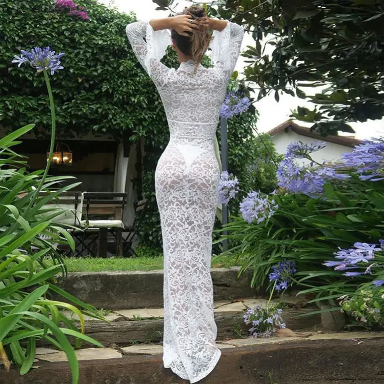 Fashion Women's V-Neck See-Through Club Wear Elegant Trumpet Sleeve Bodycon Hip-Wrap Lace Dress