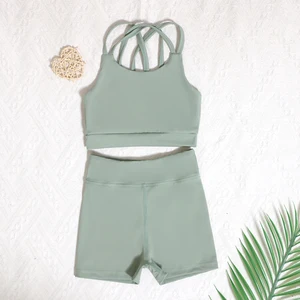 Professional Made Toddler Girl Fitness Wear Outfit Nylon Solid Colors Cross Strap Kids Baby Yoga Set for Sport