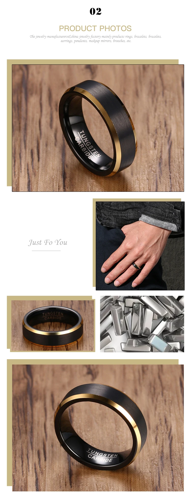 Hot Selling Wholesale customizable Electroplating black gold brushed tungsten steel men's ring TCR-074