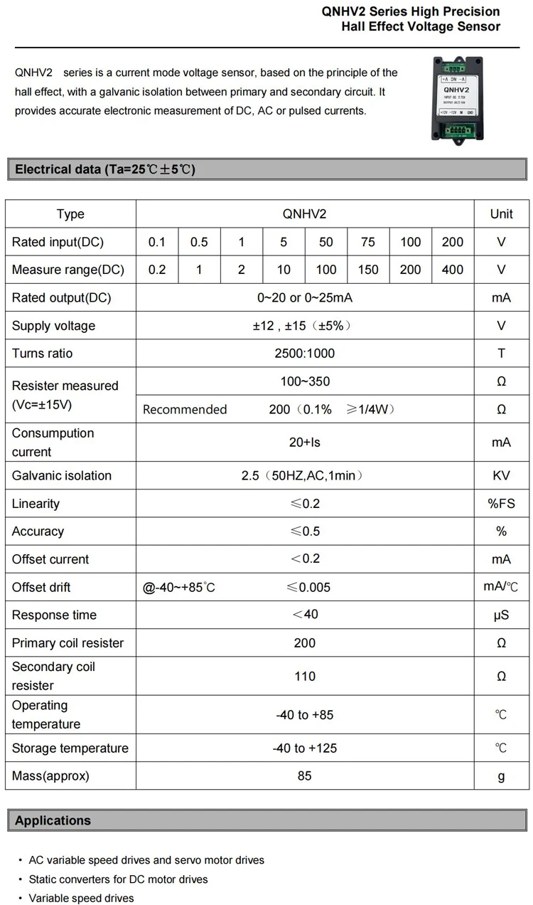 Hall Dc Voltage Transducer QNHV2 100V 200V 300V 500V 1000V Output 4-20mA 5v 10v Current Transformer Dc Voltage Sensor 4 20mA
