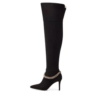 Black Thigh Boots With Chain Pointed Toe High Heel Over the Knee Boots for Women Winter Shoes Ladies Long Boot Large Size