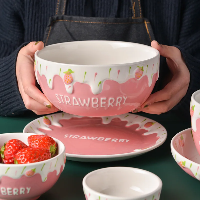 Ceramic Embossed Design Ice Cream Bowl Pink Strawberry Stereo Four Piece Set Wholesale Breakfast Bowl Plate