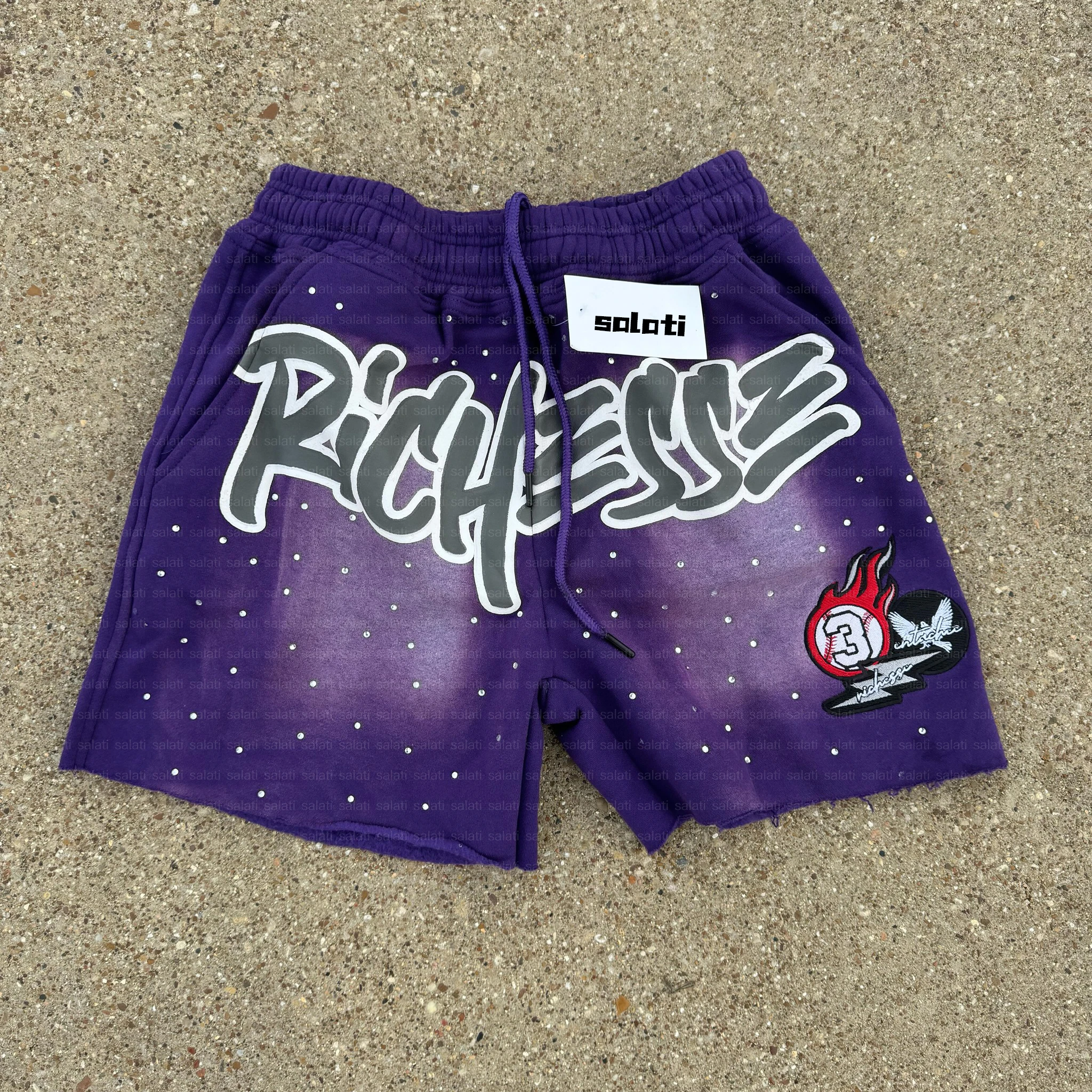 Custom Summer Jogger Sweat Shorts Cotton French Terry Baggy Distressed Puff Print Embroidery Rhinestone Acid Wash Shorts for Men gallery 8