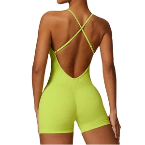 OEM ODM Solid Knitting One-Piece Plus Size Women's Jumpsuit Backless Sports Bodysuit Padded Scrunch Butt Lifting Tight Summer