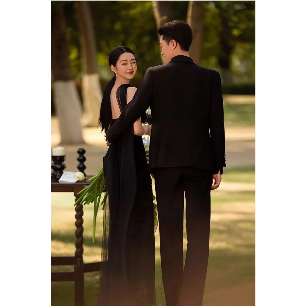 S0680N Black Fairy Style Strapless High-End Elegant Wedding Light Luxury  Niche Princess Bride Gown Floor-Length Evening Dress