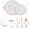 Assiettes larges/petites à bords or rose, tasses 10oz, couteau/fourchette/sp no12