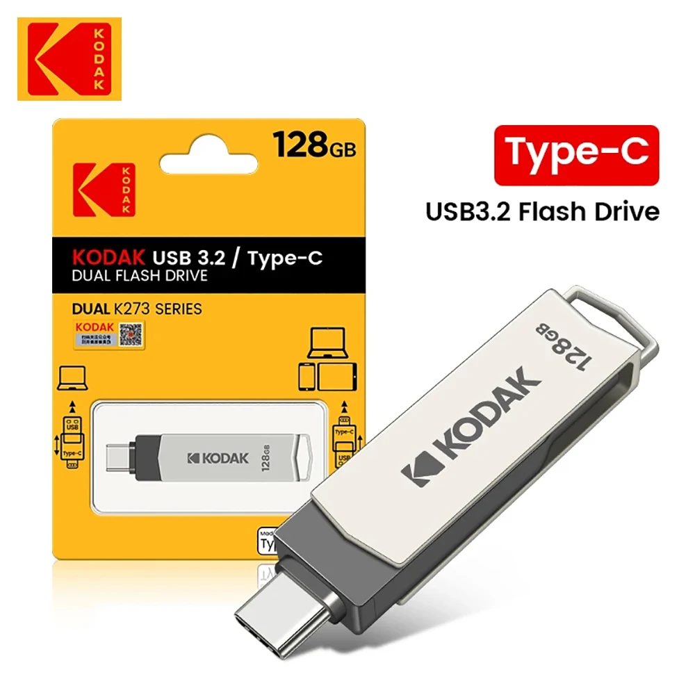 Kodak USB 3.2 Type C OTG Dual Flash Drive K273 Mini Pendrive Metal U-disk Portable 2in1 256 GB USB Flash Drive