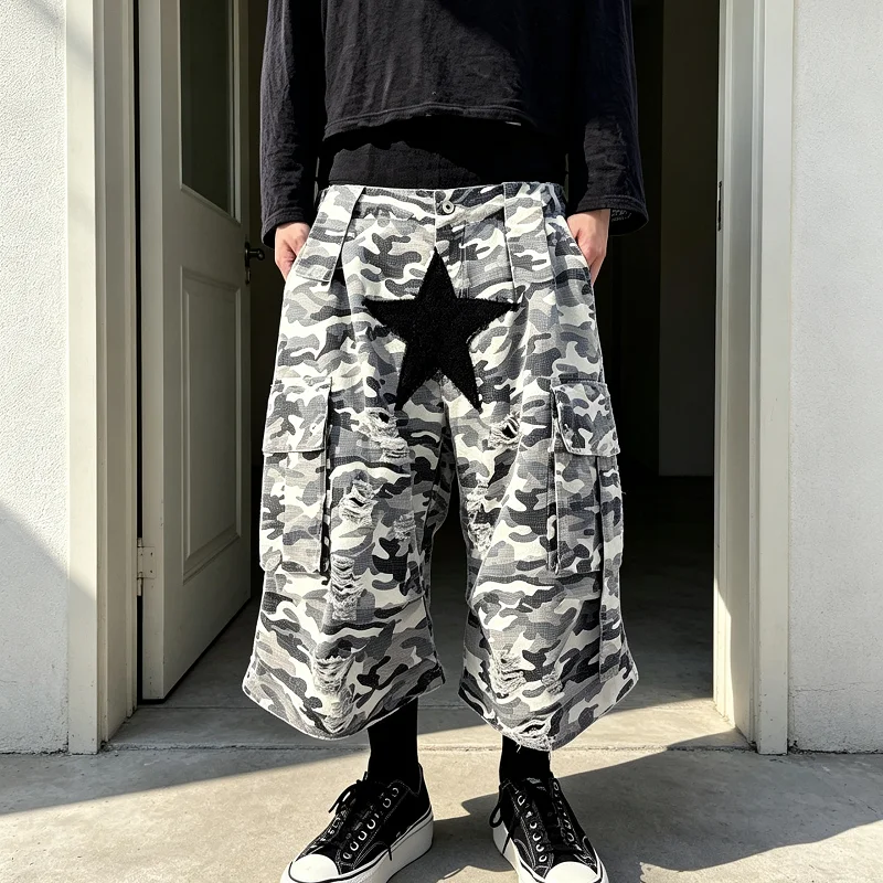 Wholesale Camo Cargo Pants Men Star Patch Distressed Baggy Wide Leg Multi Pocket Cropped Y2K Urban Streetwear Men Cargo Pants gallery 7