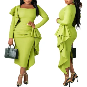 Hot sale Spring and Summer New Women's Evening Dress Solid Color Elegant Square Collar Folded Long Sleeve Dress