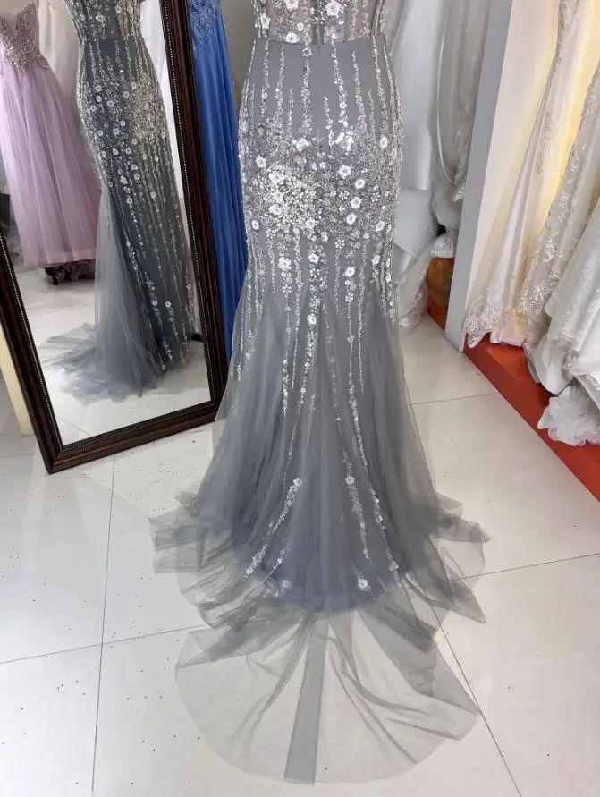 Silver Gray Glitter Fabric Flower Sweetheart Corset Tulle Mermaid