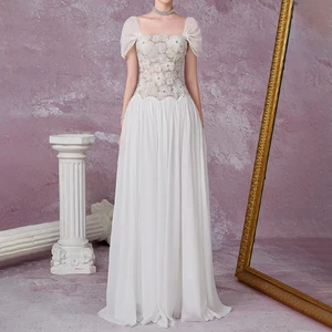 ZYHT 73427 Factory Custom Women White Floor-Length Chiffon Floral Lace Appliques Puff Short Sleeves Natural Waist Luxury Formal