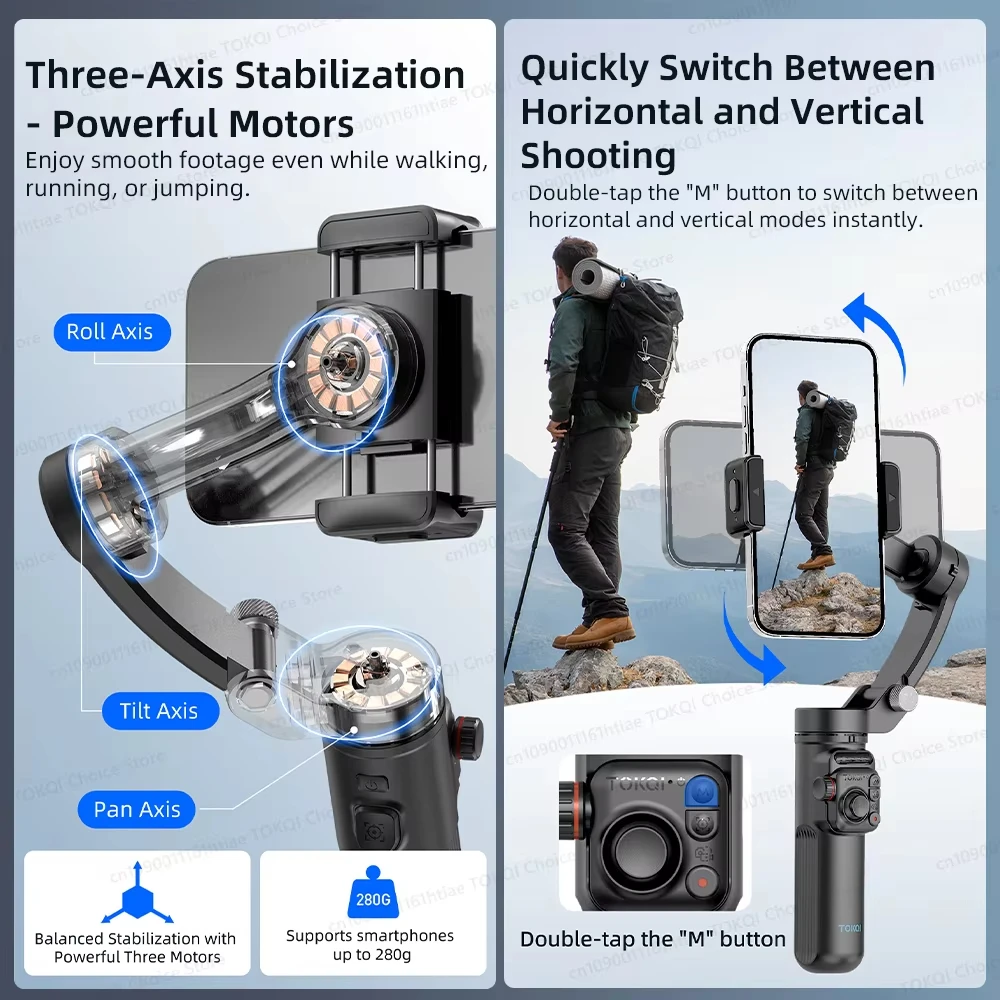 Tokqi M02 360 AI Tracking Handheld Smartphone Gimbal Black Mobile Phone Stabilizer with Remote Control Zoom Camera