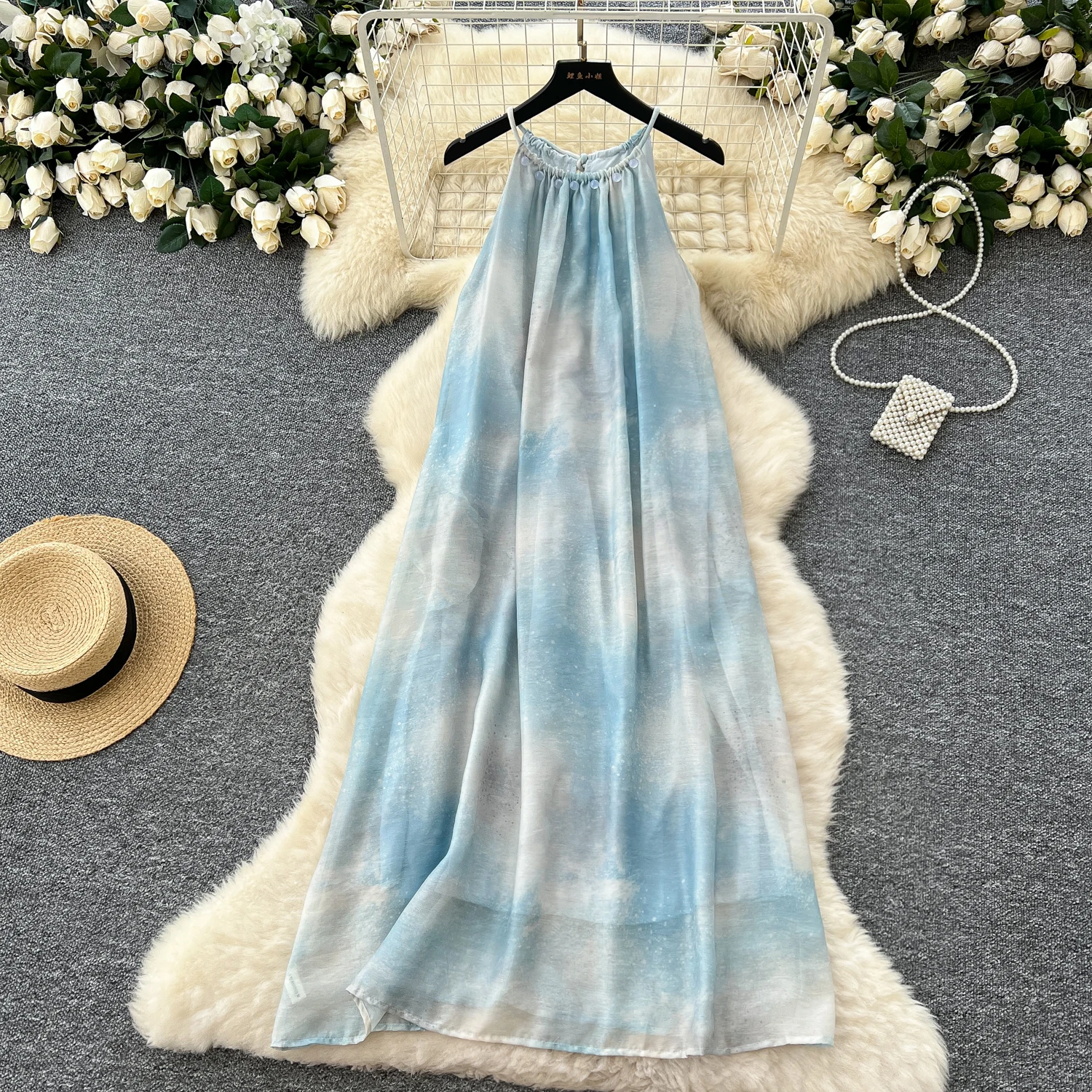 2025 Spring Fairycore Halter Casual Midi Dress For Women Empire Shift Lace  Dress