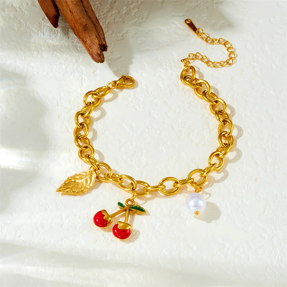 New Stainless Steel Women Cherry Charm Bracelet Tarnish Free 18k
