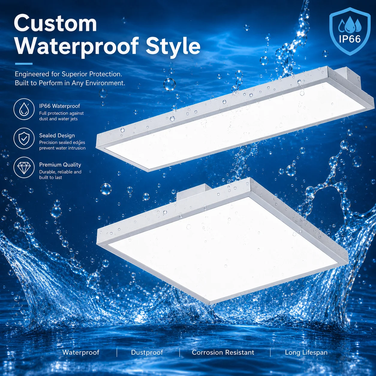 Waterdichte oppervlaktemontage vlakpaneel LED-plafondverlichting (30x120/300x1200/600x600) voor zwembaden, car washes en kelders