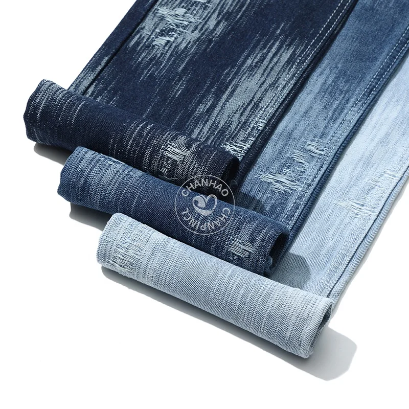 Friction Pattern Thread Picking Blue 80% Cotton Jacquard Denim Fabric for Jeans 10.5Oz High Quality Denim Fabric Wholesale