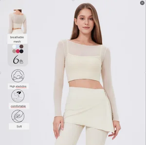 Customized Faux Two-piece Mesh Sports T-shirt, Long-sleeved Yoga Suit with Chest Pad, Crop Top, Quick-drying Slimming Clothes.