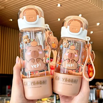 2025 New Kapibara Cartoon Coated Glass Straw Cup Convenient Large Capacity Glass Water Bottle for Girls Applicable for Boiling