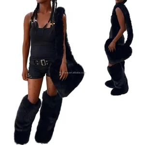 BUSY GIRL HS9271 Fur Boots Women Custom Design Boots Women's Black Faux Fur Set Knee-High Boots Heart Bag Edgy Warm for Daily