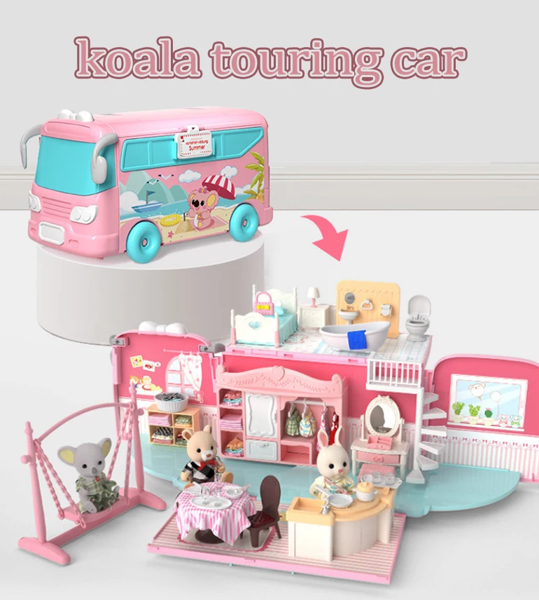 Educational Children plastic play house play set DIY touring bus furniture toys miniature 3d diy doll house toys