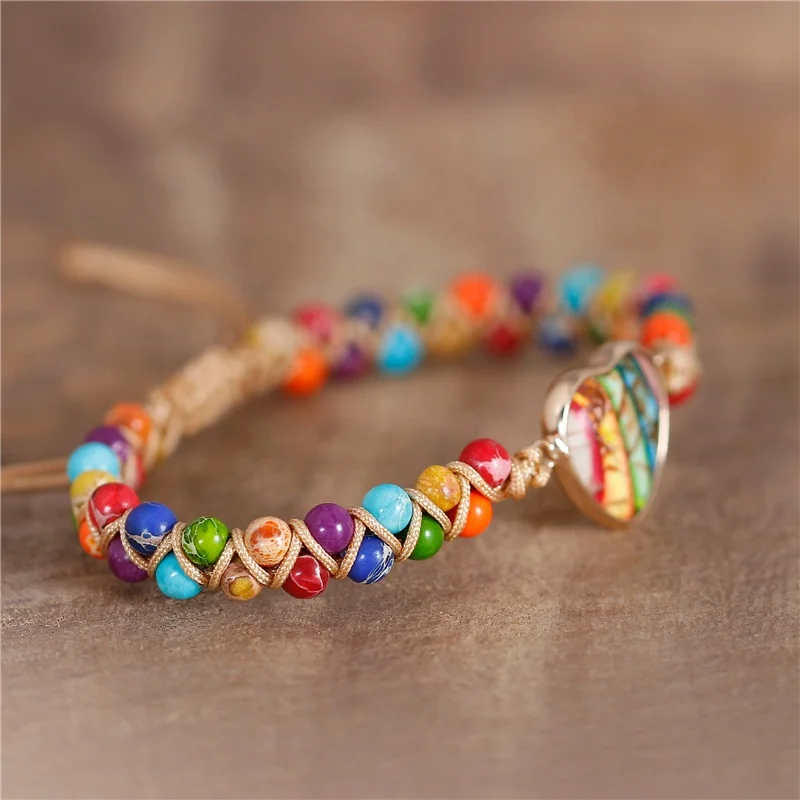 Boho Unisex Gold Gild 7 Chakra Heart Charm Beads Braided Bracelet Gypsy Healing Natural Stone Bracelet Women Jewelry Wholesale