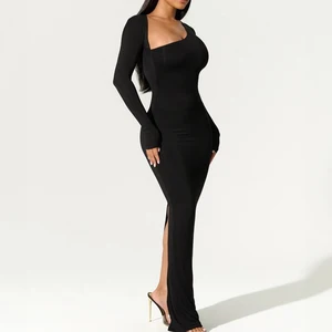 Wisrise Fashion Wholesale Clothing Black Asymmetric One-Shoulder Long Sleeve Cutout Maxi Dress