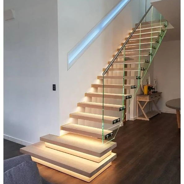 LED Light Automatic System Indoor Straight Floating Staircase Modern Carbon Steel Safety 12mm Tempered Glass Open Riser Stairs