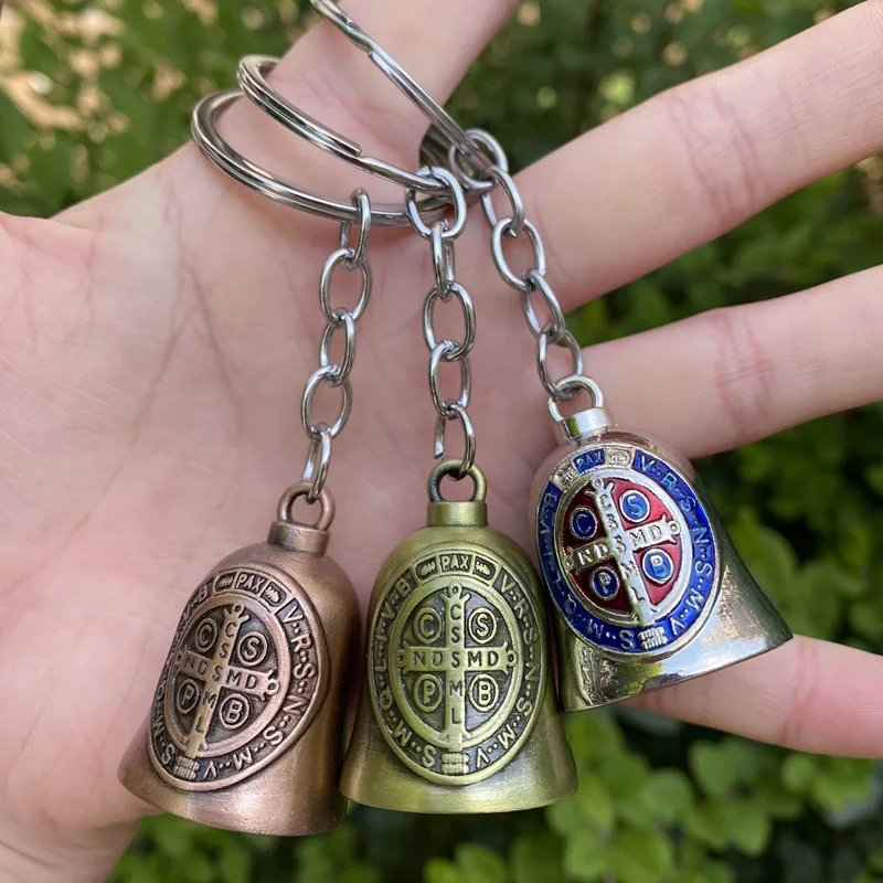 Catholic Bell KeyChain Protection Guardian Ride Bell Good Luck Charm St.Michael St.Benedict Biker Gifts Religious Keyrings