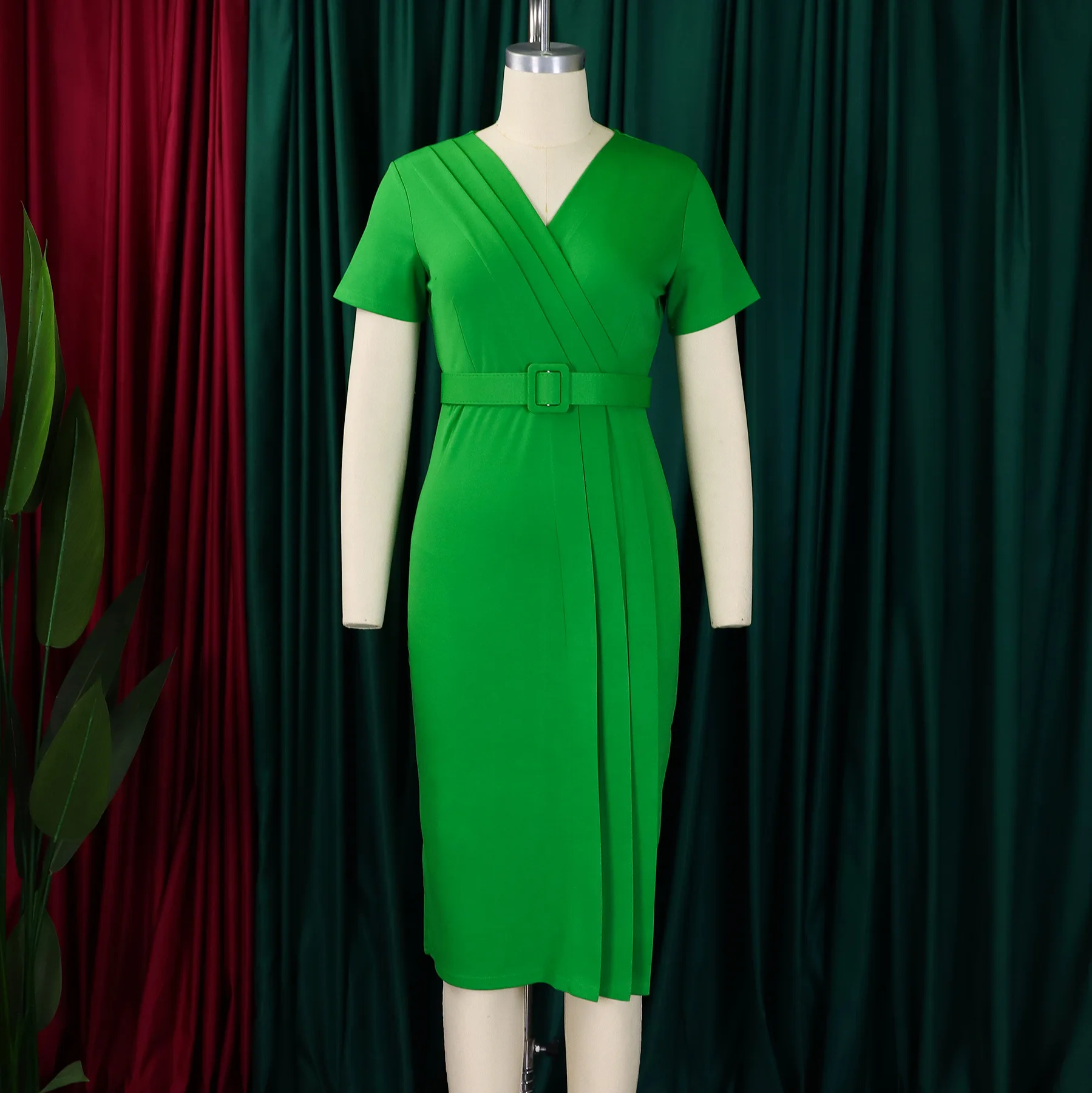 Women's Elegant OL Pencil Dress Short Sleeve Casual Office Fashion with  Diamond & Ruched Decoration Solid Color for Ladies