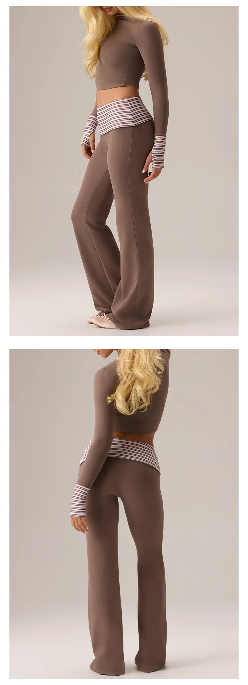 Quick Dry Striped Yoga Set Ribbed Long Sleeve Flared Leg Pants Active Stretch Womens Fitness Outfit — detail