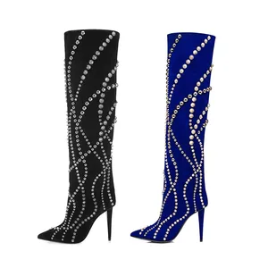 2023 Autumn Winter New High Heel Pointed Toe Rivet Knee-High Solid Breathable Women's Boots Fashion Long Tube Cross-Border Plus